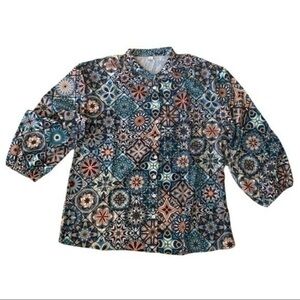 Pretty blue/ coral button up patterned blouse